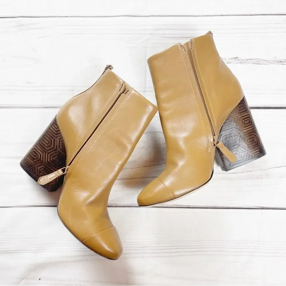 Tory Burch Women's Grove Cap Toe‎ Tan Block Heels Toe Boots Size 8